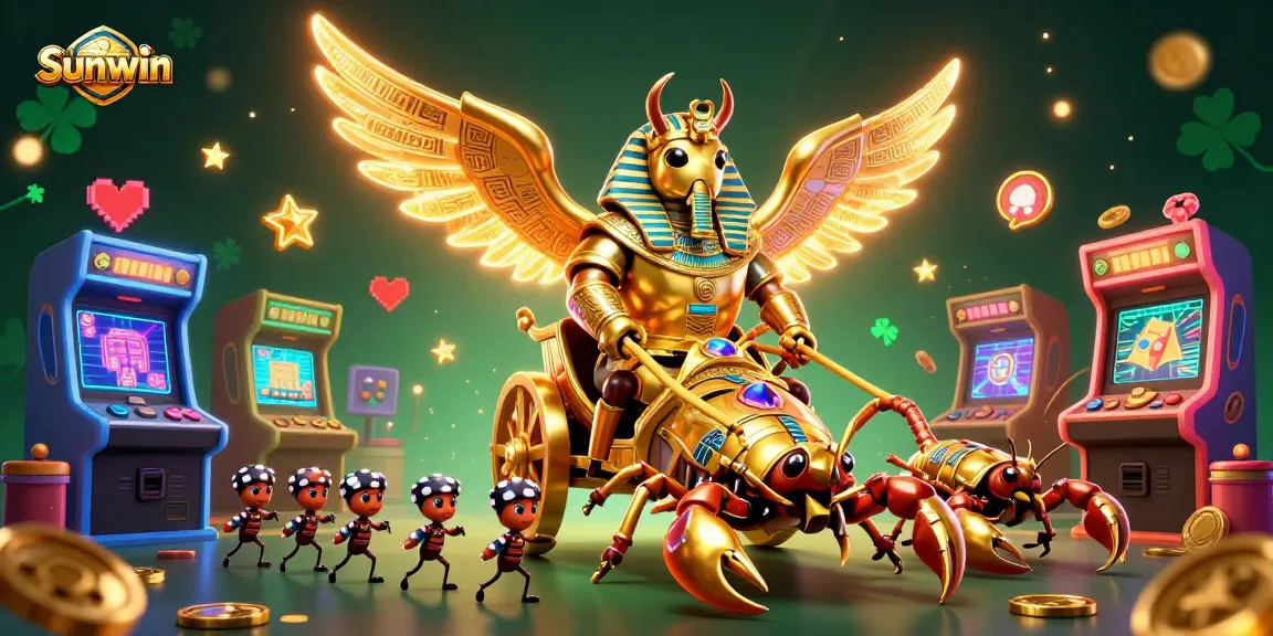 Engage with Sunwin's thrilling games featuring a colossal golden scarab and gemstone scorpions, perfect for casino enthusiasts.
