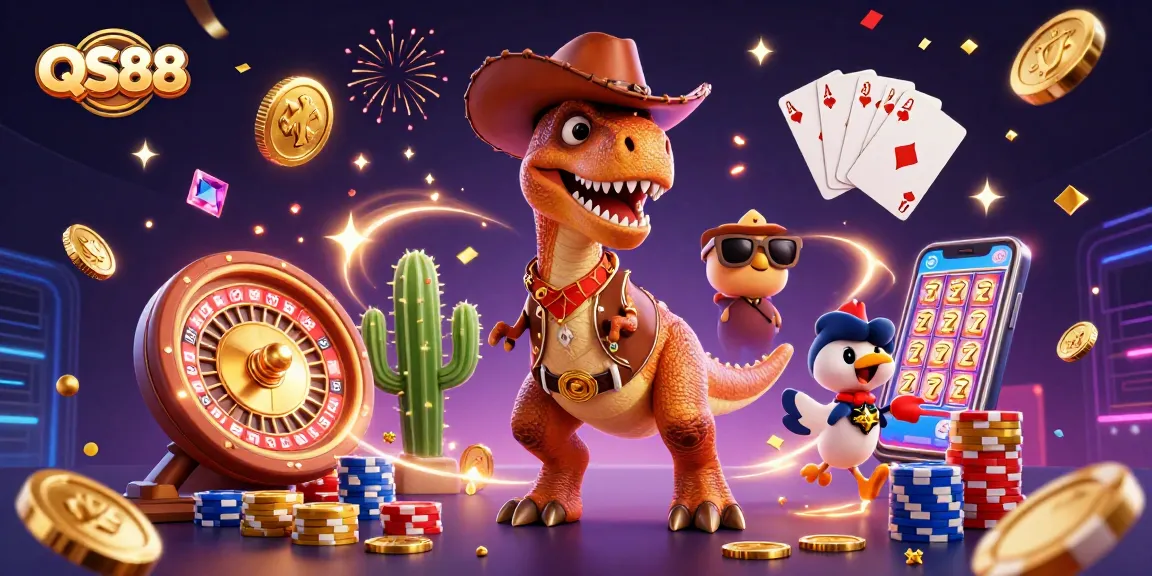 Experience the thrill of gaming at QS88 with a vibrant 3D casino scene featuring exciting characters and elements.