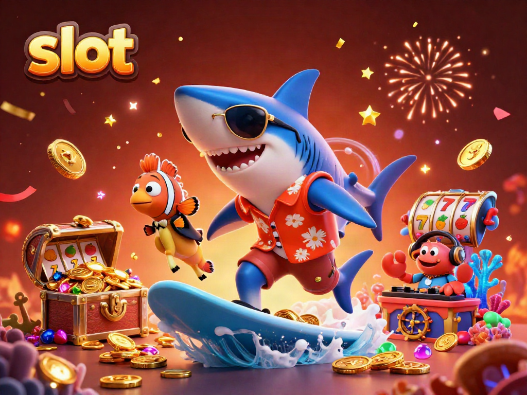 Engaging slot-themed illustration with characters surfing on gold coins amid festive casino elements.