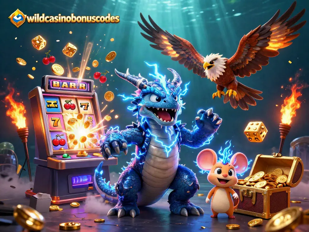 Experience thrilling gaming with wildcasinobonuscodes amid a vibrant 3D casino scene full of action.