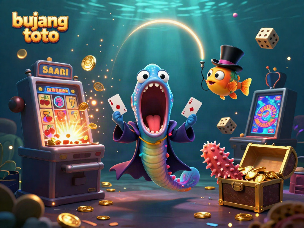 Bujang Toto attracts players with a vibrant 3D scene of animated characters and exciting casino elements.
