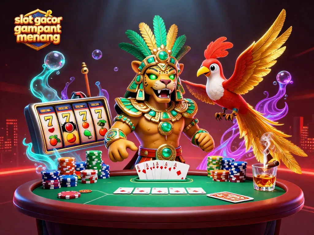 Engage with slot gacor gampang menang through a vibrant 3D casino scene featuring a Mayan priest and gaming elements.