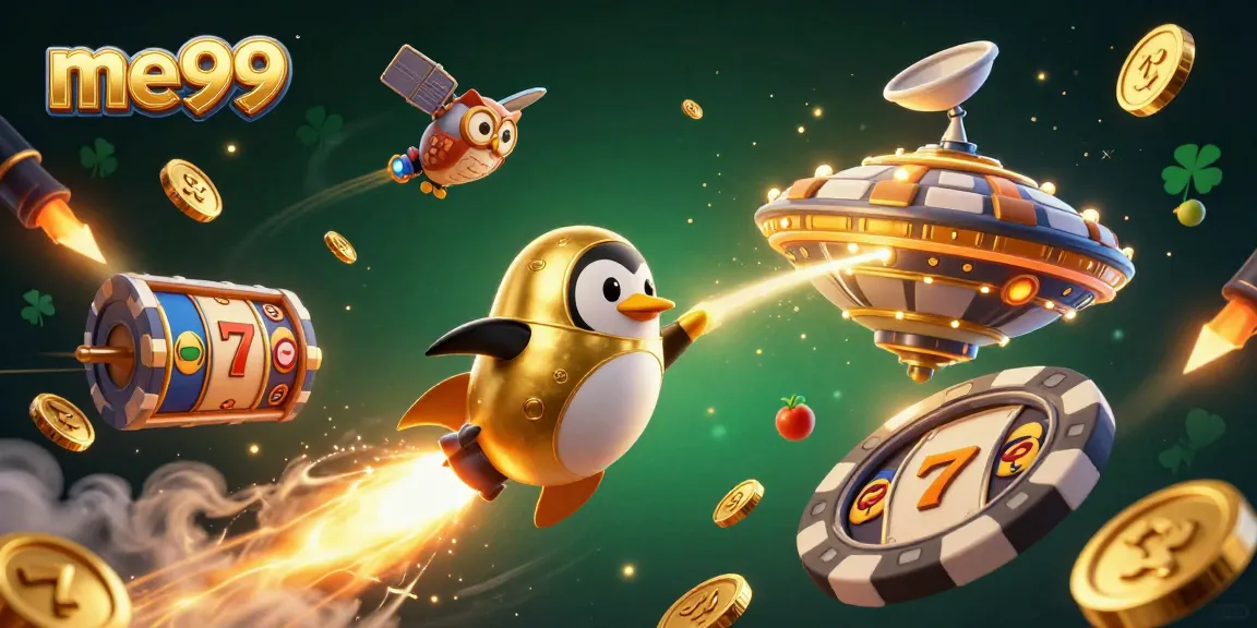 Engage with me99's vibrant casino experience as a golden penguin rockets toward a poker chip station.