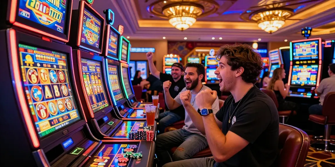Exciting slot 777 scene in a vibrant casino with celebrating players.