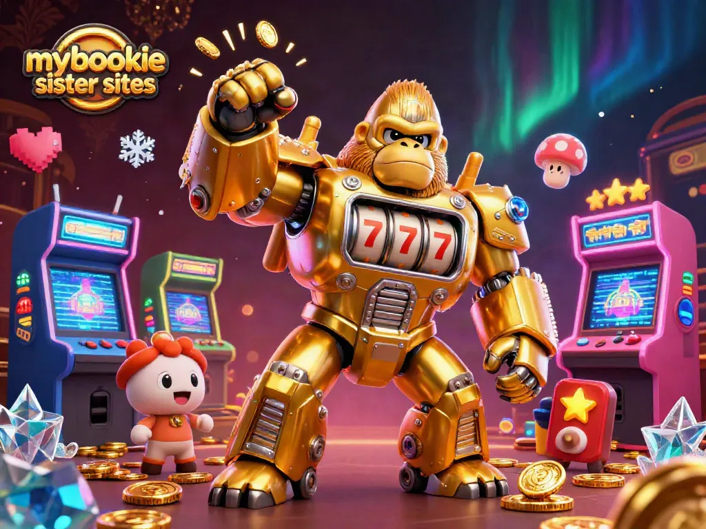 Win big with mybookie sister sites and a golden gorilla mech surrounded by vibrant gaming elements.
