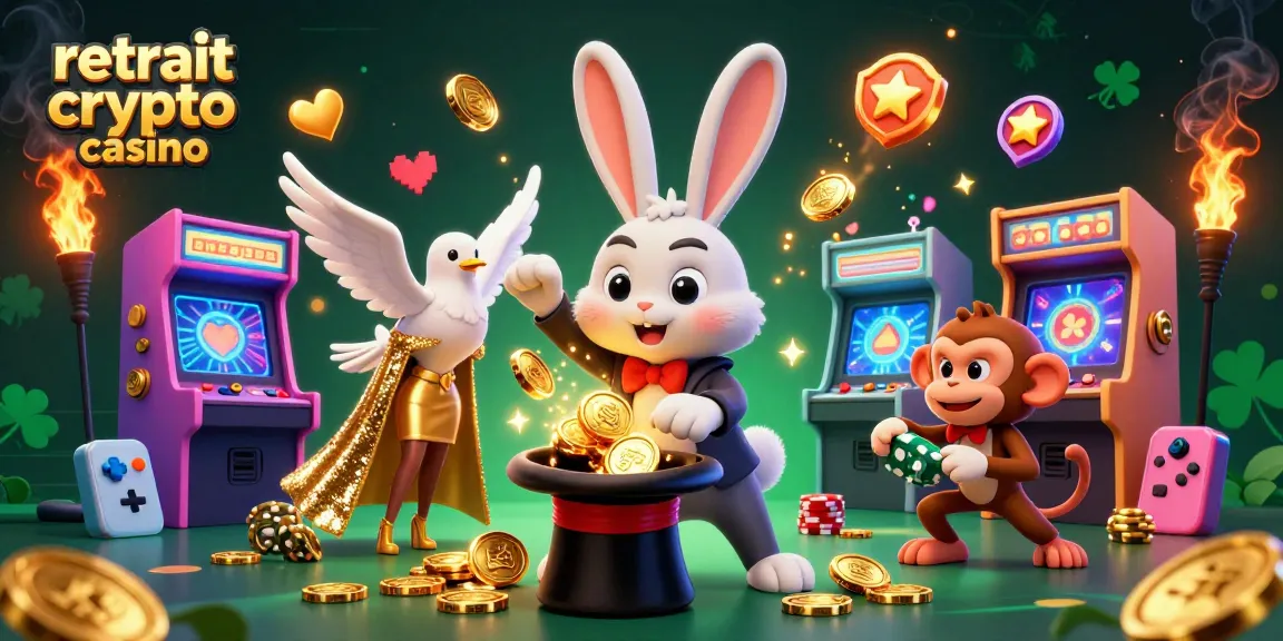 Jouez au retrait crypto casino avec des personnages amusants dans une scène dynamique et colorée.