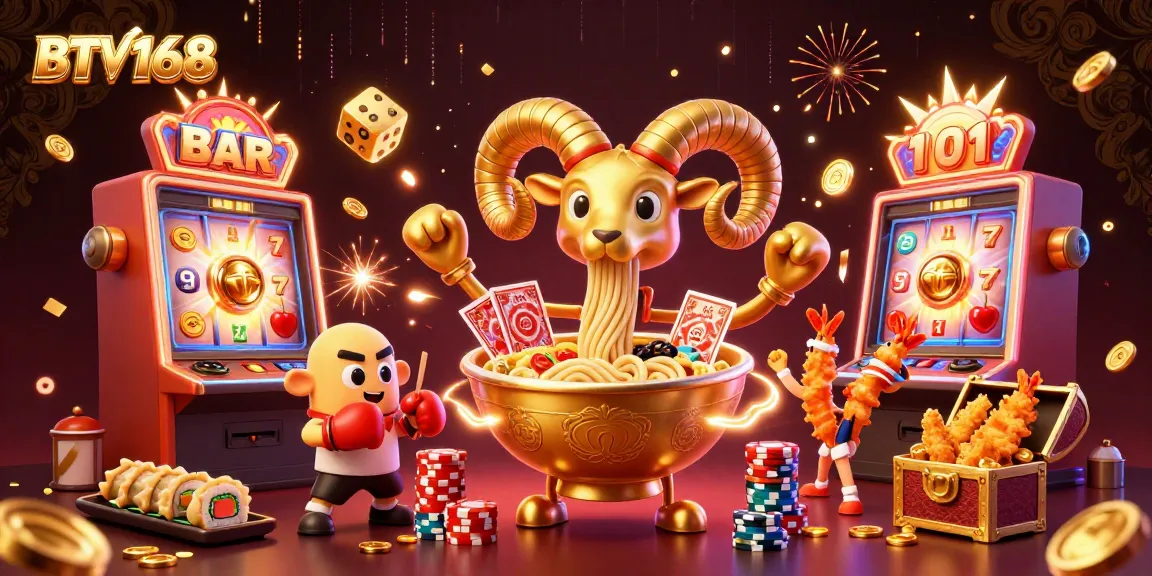 BTV168 showcases a vibrant 3D cartoon casino scene filled with slot elements and dynamic characters.