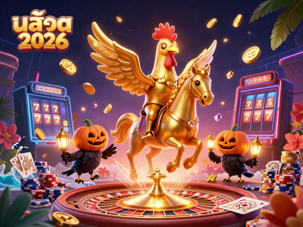 Experience the thrill of สล็อต 2026 with a dynamic casino scene featuring a golden rooster on a spectral horse amidst cascading coins.