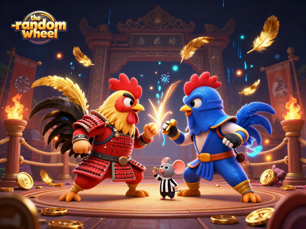 Witness the action-packed showdown in the-random-wheel as roosters battle in a vibrant casino arena.