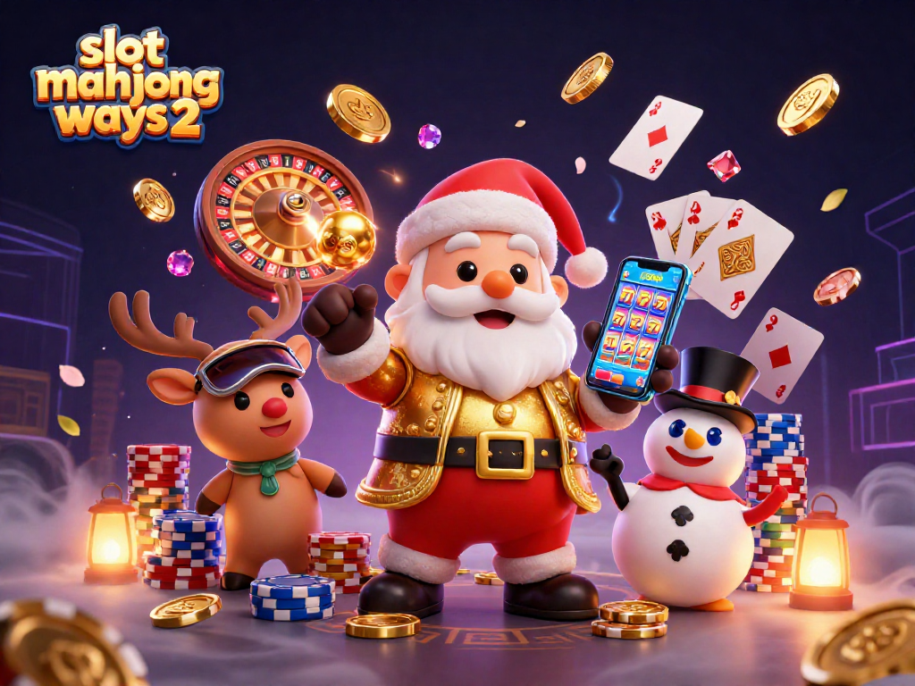 Engage with slot mahjong ways 2 featuring a festive scene of Santa, a reindeer dealer, and a poker chip snowman.