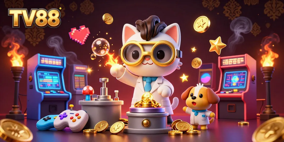 Win big with TV88 in a stunning casino-themed illustration featuring a mad scientist cat.