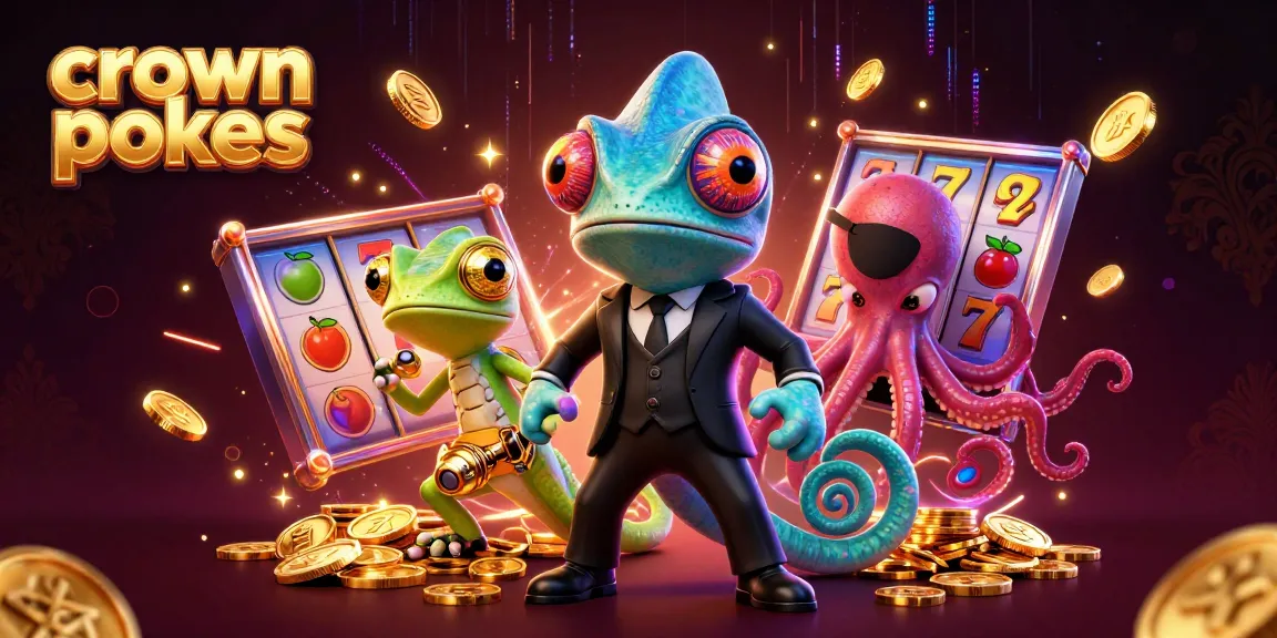 Crown pokies thrive in this vibrant scene featuring a chameleon, gecko, and octopus amidst stunning slot game visuals.