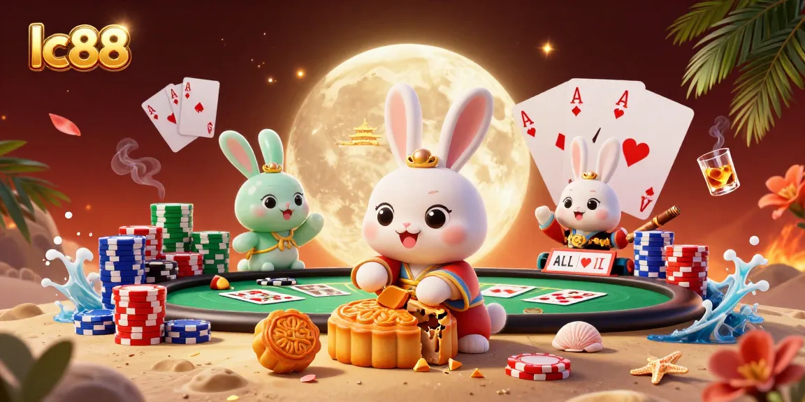 Experience excitement with lc88's vibrant and playful casino-themed 3D illustration featuring dynamic gambling elements.