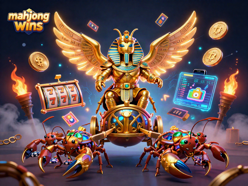 Experience mahjong wins with a golden scarab beetle pulling a chariot in a vibrant casino setting.