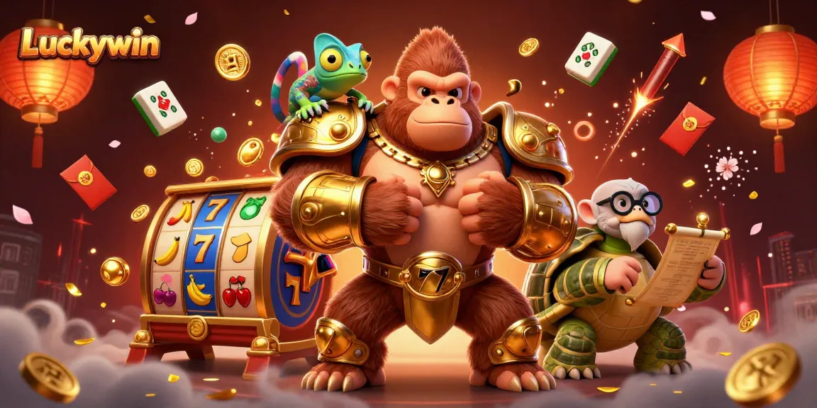 Luckywin's vibrant casino scene depicting a gorilla king, chameleon spy, and tortoise elder amidst rich gaming elements.