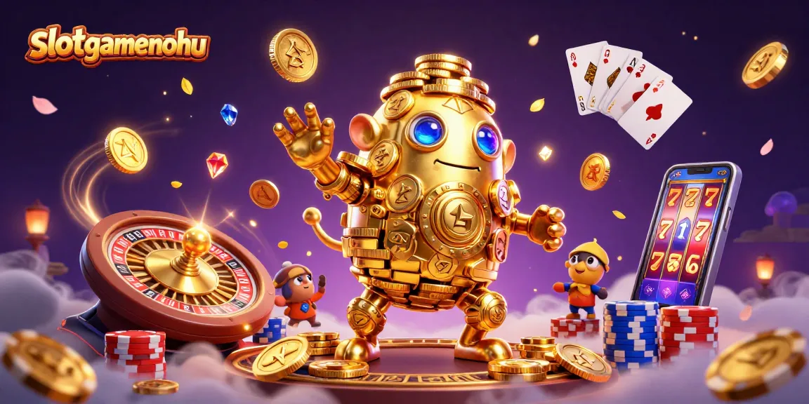 Experience slotgamenohu's thrilling gaming scene with a vibrant golden golem, coins, and roulette!