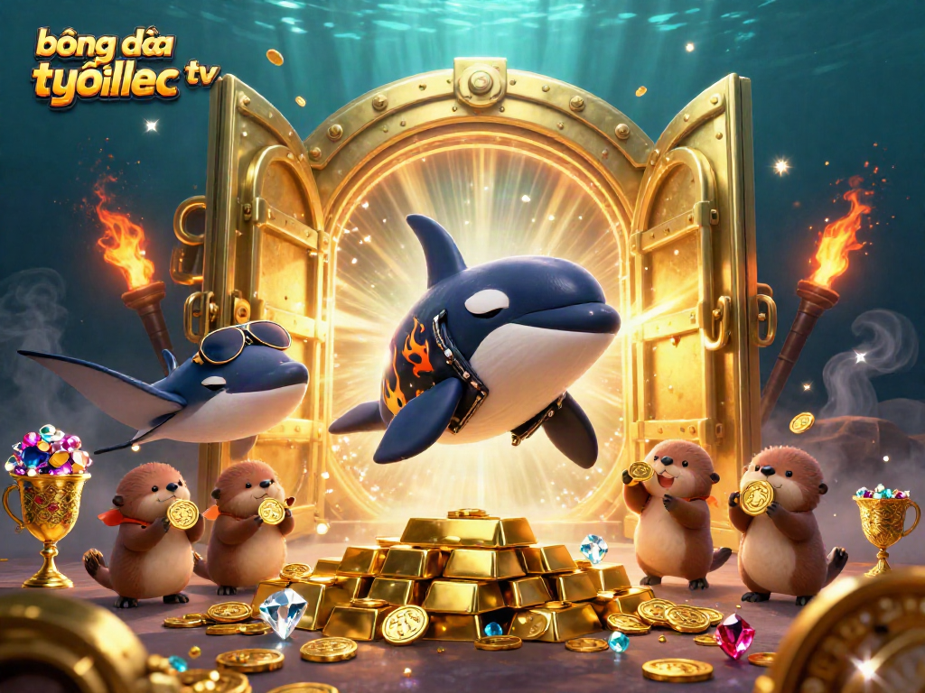 Bóng đá trực tuyến Xoilac TV showcases a vivid scene of marine wildlife interacting with golden treasures.