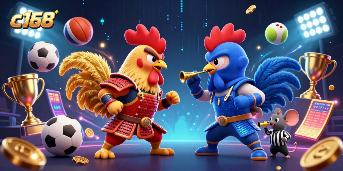 c168 features an epic standoff between a samurai rooster and a ninja rooster amidst dynamic sports elements.