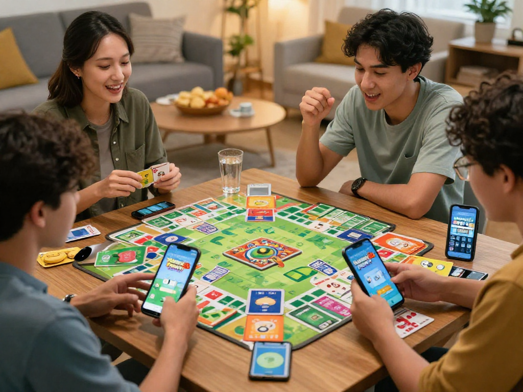 Ramble Rummy players enjoying a lively game on mobile devices in a cozy living room.