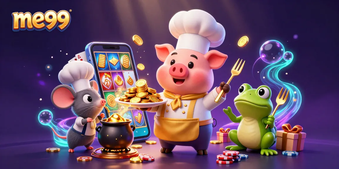 Play thrilling games at me99 with a lively casino scene featuring gold coins and vibrant slot games.
