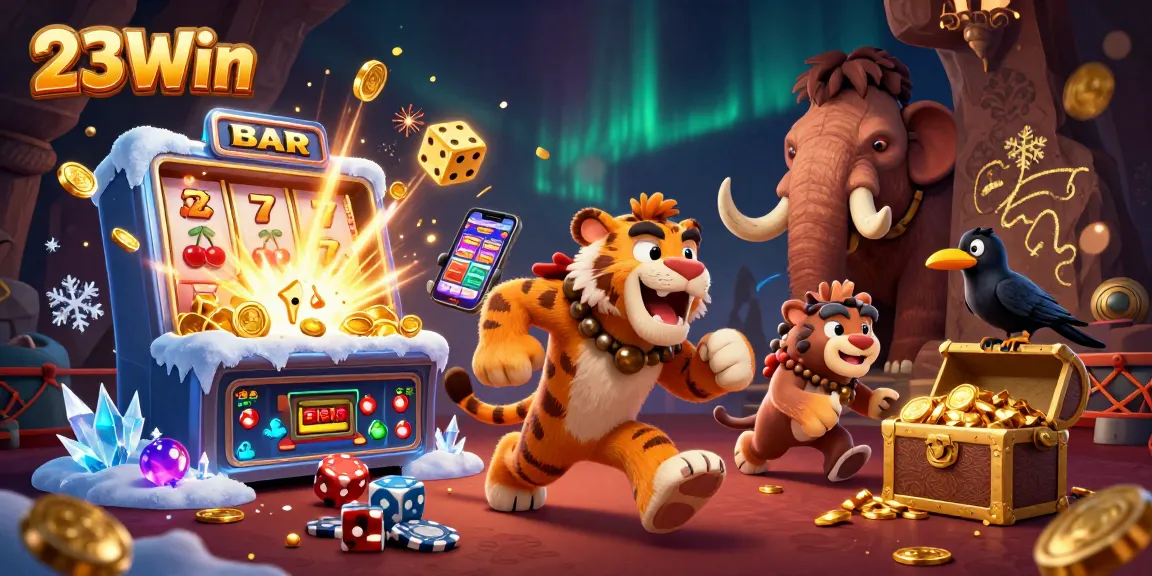 Experience excitement at 23Win with cavemen and jackpots in a lively casino scene.