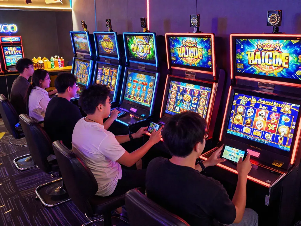 Players enjoying slot gacor games in a vibrant gaming atmosphere with colorful displays and joyful expressions.