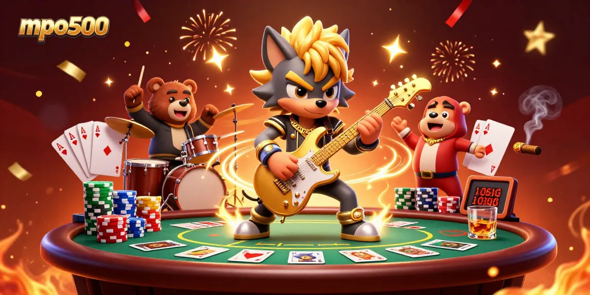 Engage with mpo500 as a wolf rocks the casino stage while a bear drums beside a poker table filled with chips.