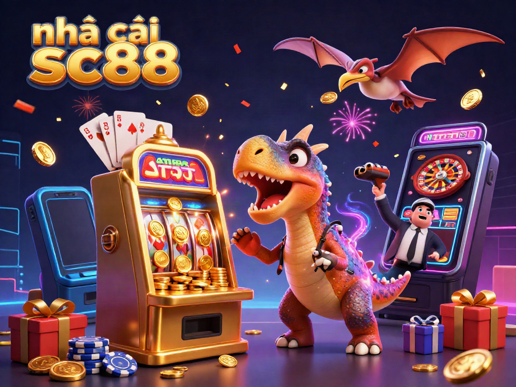 Experience high-quality gaming at nhà cái sc88 with cartoon dinosaurs celebrating a jackpot win.