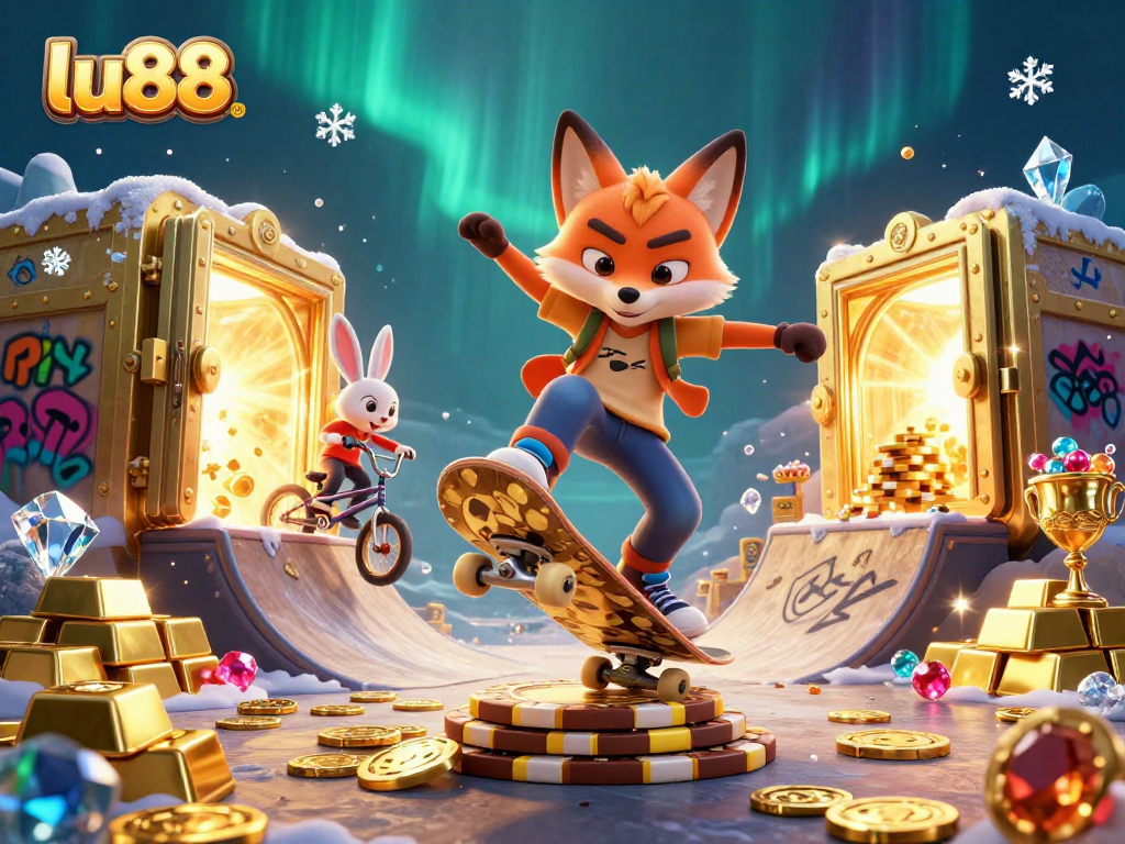 Celebrate wins at lu88 with vibrant casino-themed skateboarding illustration featuring playful characters.