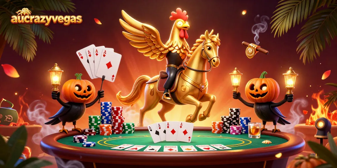 Engage in thrilling poker action with aucrazyvegas as a golden rooster leads the night in a vibrant casino scene.