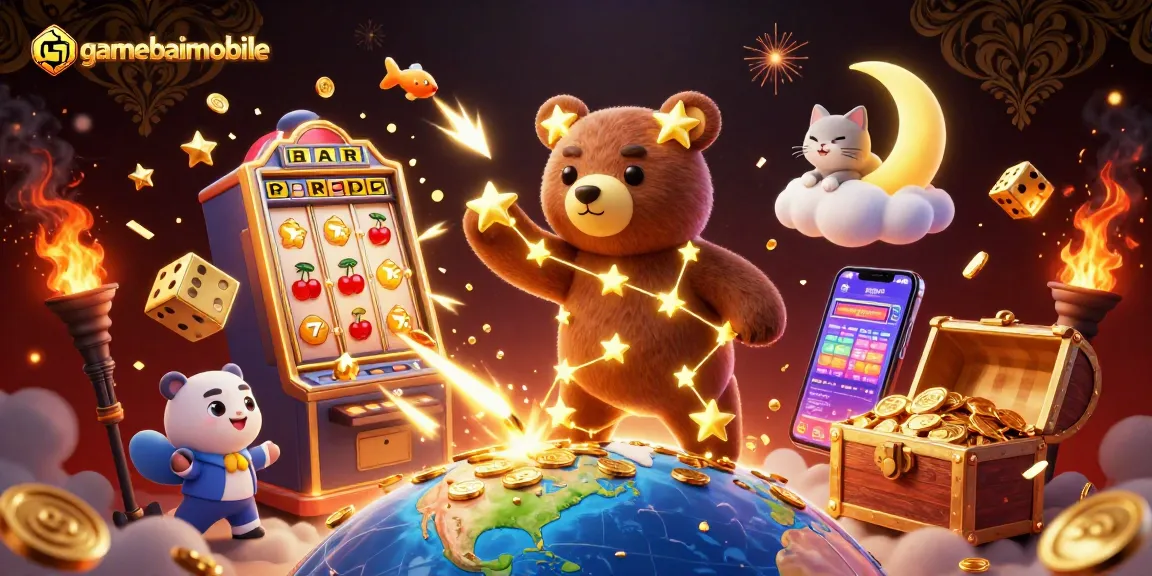 Play slots and win with gamebaimobile in a rich and dynamic casino illustration featuring unique characters.
