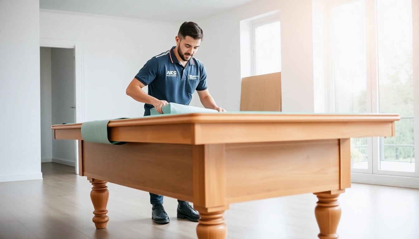 Pool table mover dfw carefully wrapping a classic pool table for safe transportation.