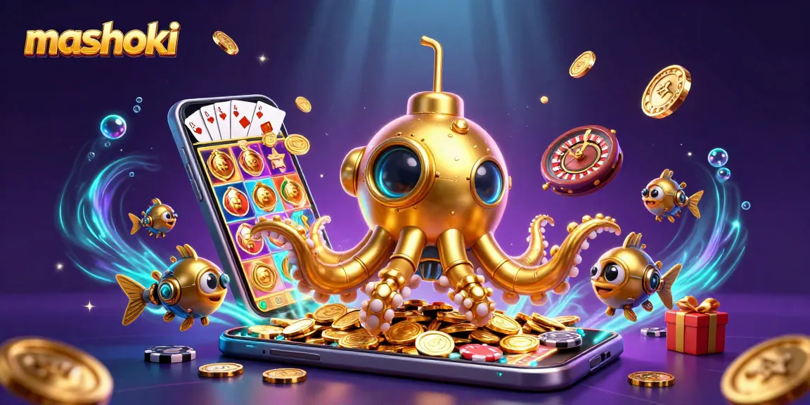 Join the thrill of mashoki games with a 3D kraken submarine amidst golden coins and vibrant casino elements.