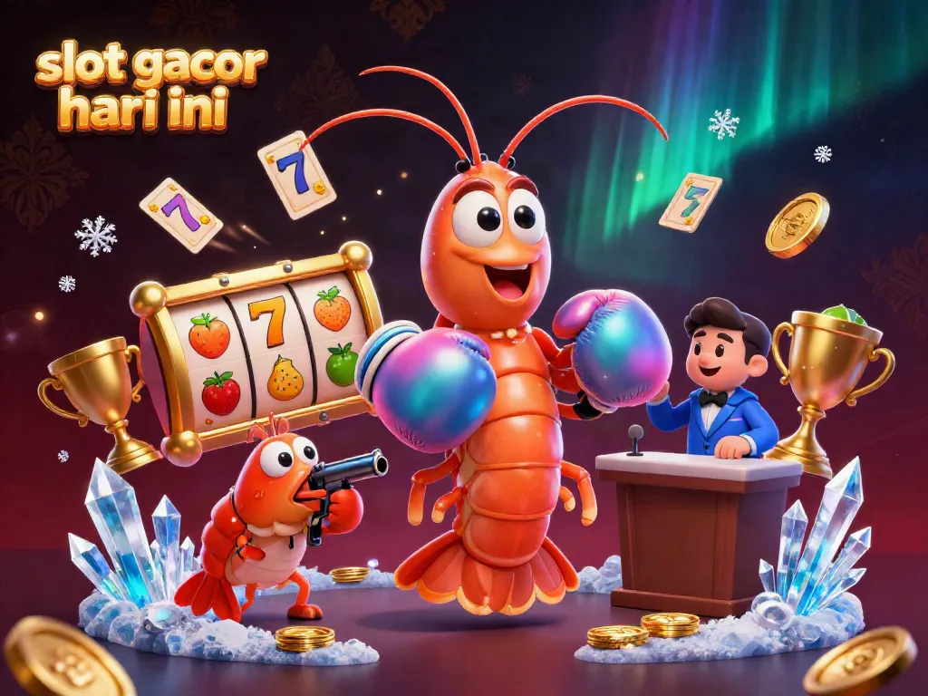 Ilustrasi slot gacor hari ini dengan karakter udang mantis kartun dan elemen kasino menggairahkan.