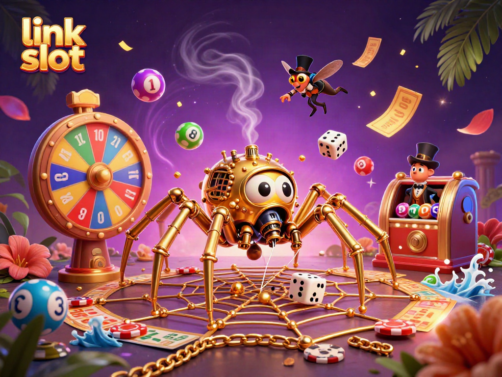Experience the thrill of gaming with link slot in this vibrant 3D casino illustration showcasing steampunk elements.