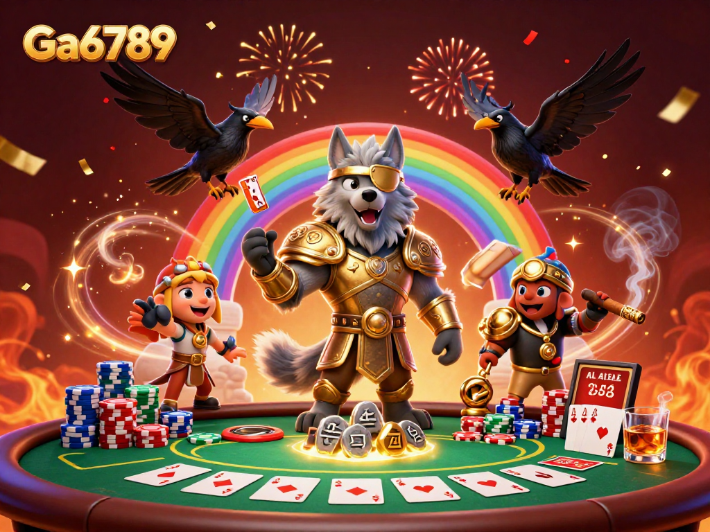 Experience the thrill of Ga6789 poker with Odin and ravens amidst vibrant casino elements.