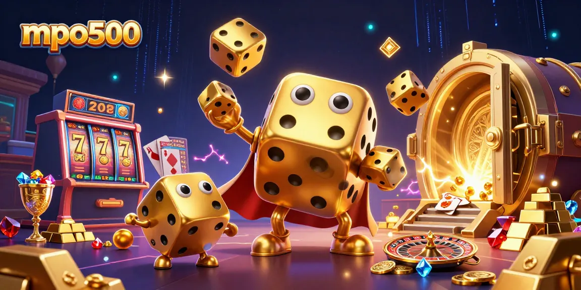 Join the fun at mpo500 with a vibrant casino scene featuring golden dice golems and jackpot elements.