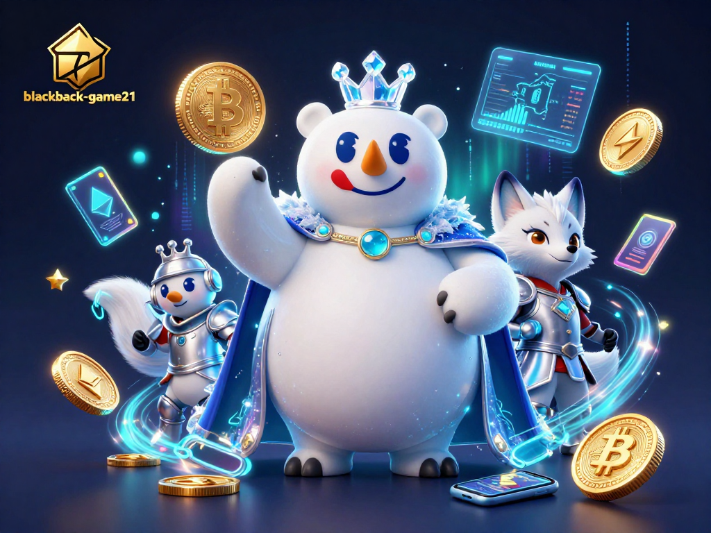 Engage with strategic moves at blackjack-game21 amidst a dynamic casino scene featuring crypto elements.
