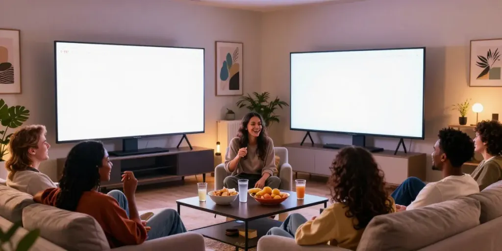 Group enjoying hornyleak content in a cozy living room with snacks.