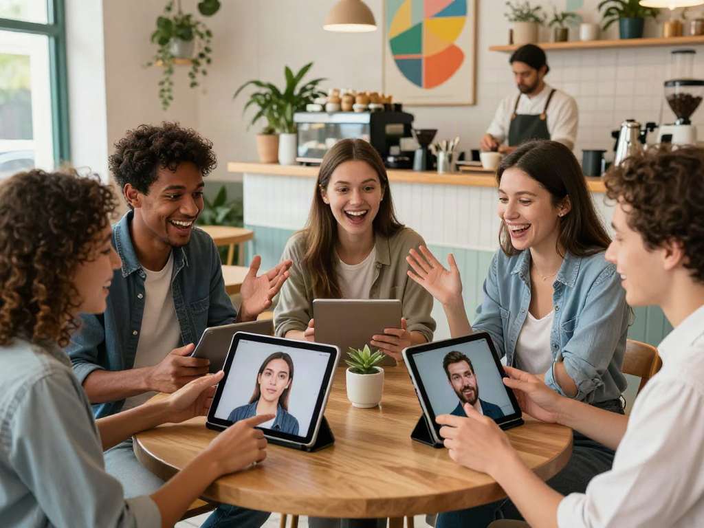 People interacting in a café while discovering how old do I look with AI age estimation results.