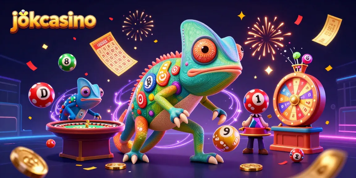 Engage with jokacasino's vibrant 3D chameleon owner amidst dynamic gaming elements and celebrations.
