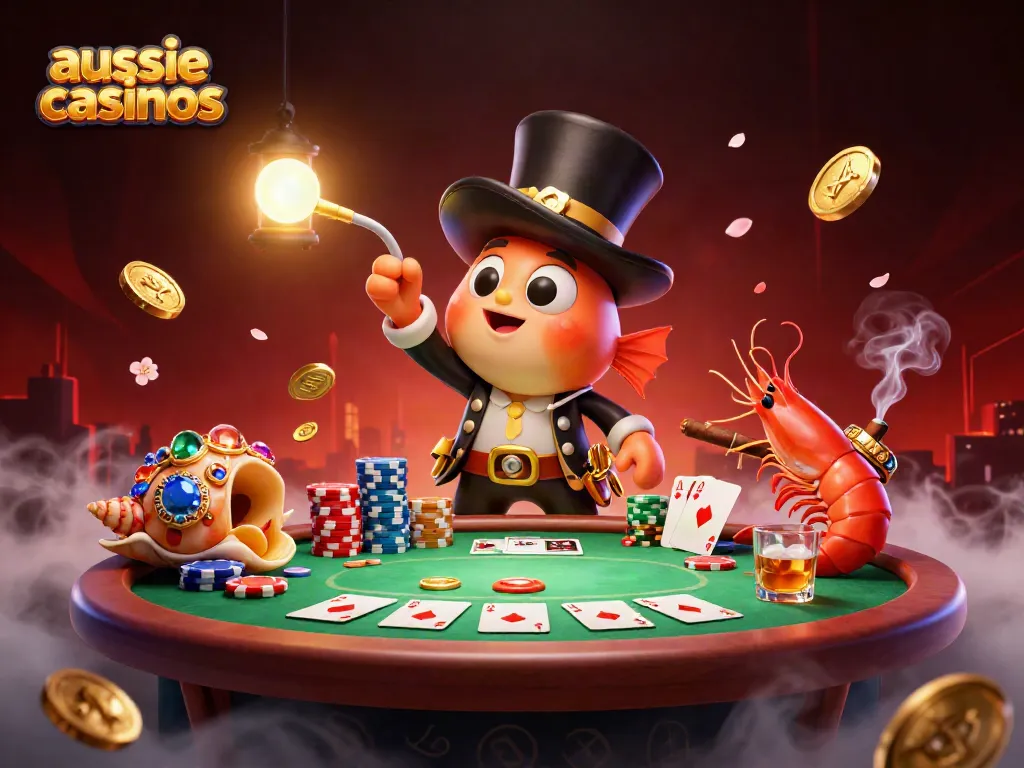 Engage with aussie casinos through a vibrant 3D scene of fun characters and poker elements.
