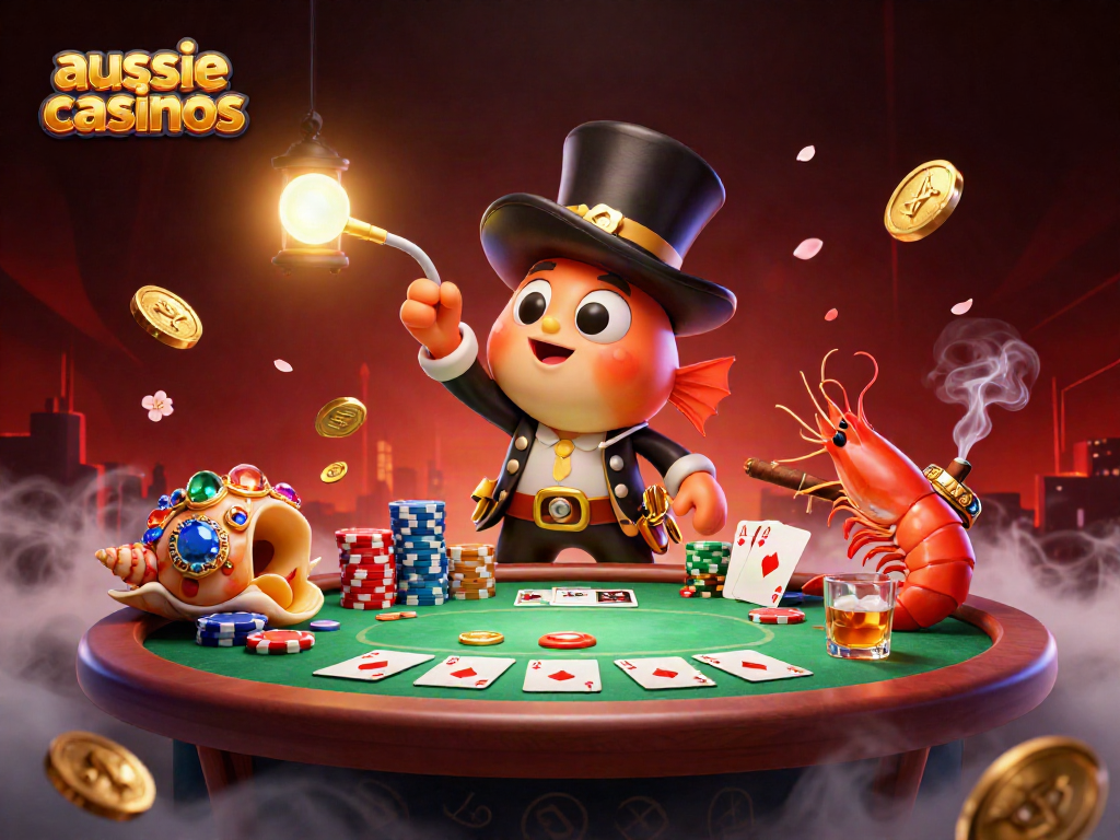 Engage with aussie casinos through a vibrant 3D scene of fun characters and poker elements.
