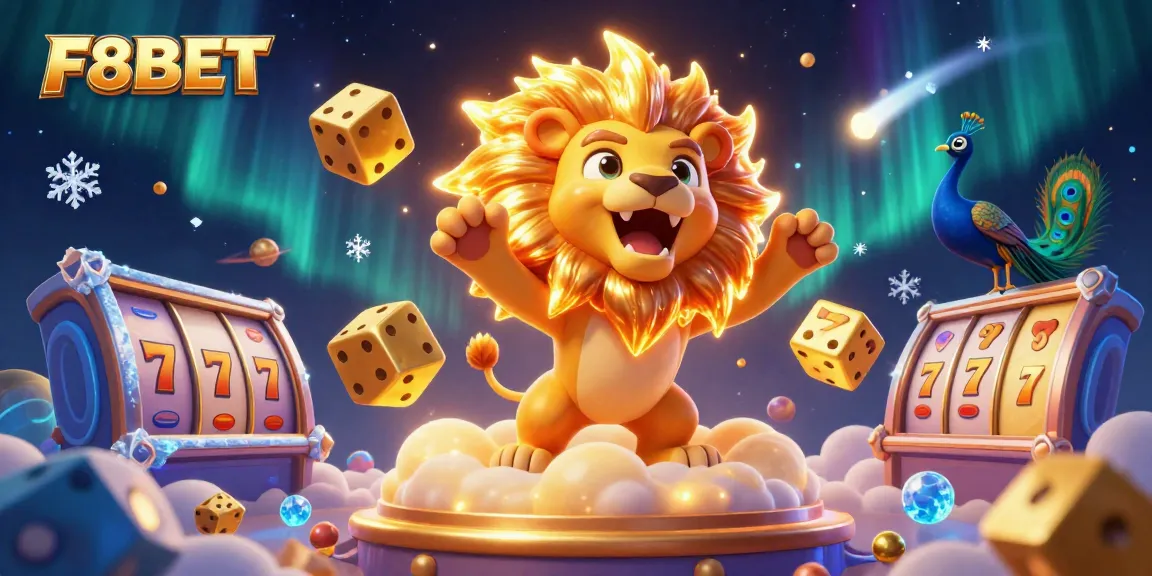 F8BET unleashes thrilling casino action with a vibrant 3D scene of a roaring lion and golden dice.