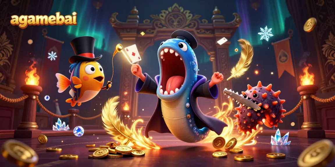 Watch the agamebai magician eel perform extravagant card tricks in a dazzling gambling scene.