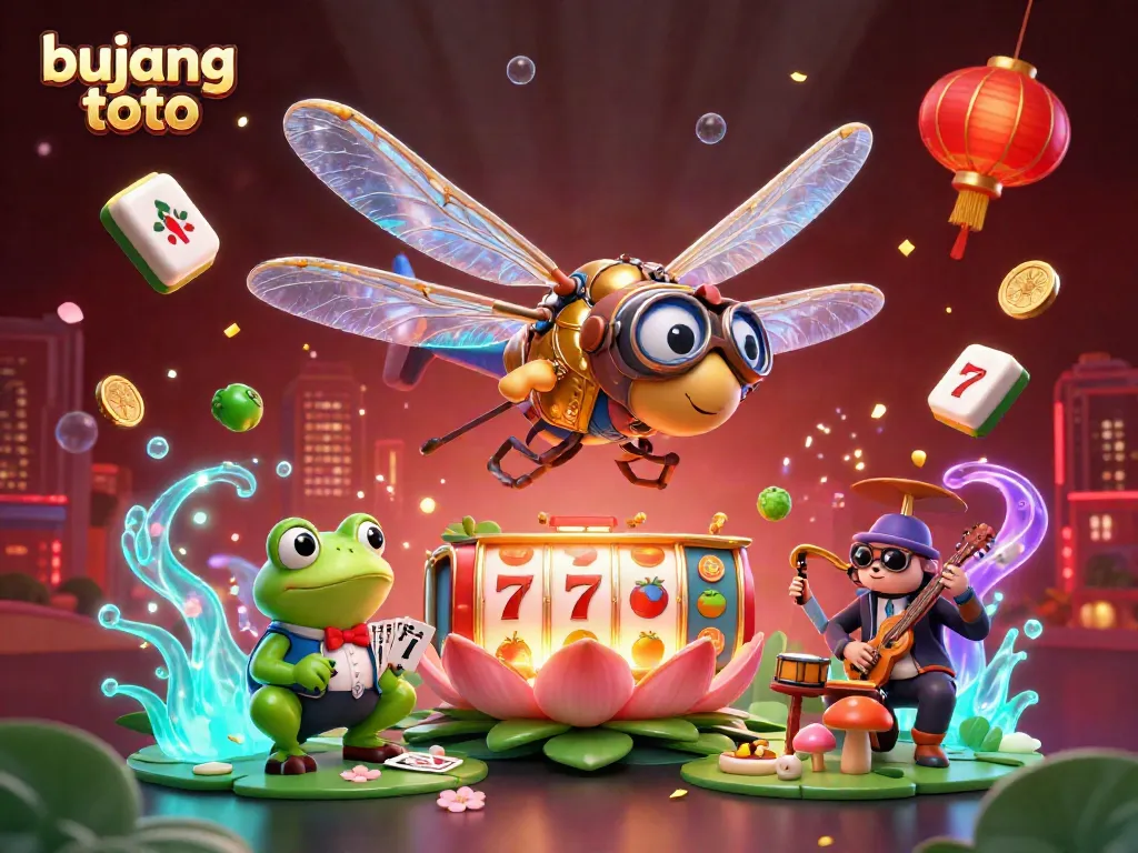 Experience big wins with bujang toto in a vibrant 3D casino scene featuring a dragonfly pilot and a frog croupier.