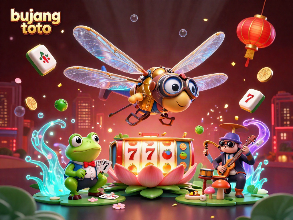 Experience big wins with bujang toto in a vibrant 3D casino scene featuring a dragonfly pilot and a frog croupier.