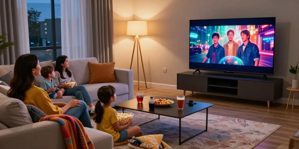Family enjoying a movie night with dez pila streaming service on a cozy couch