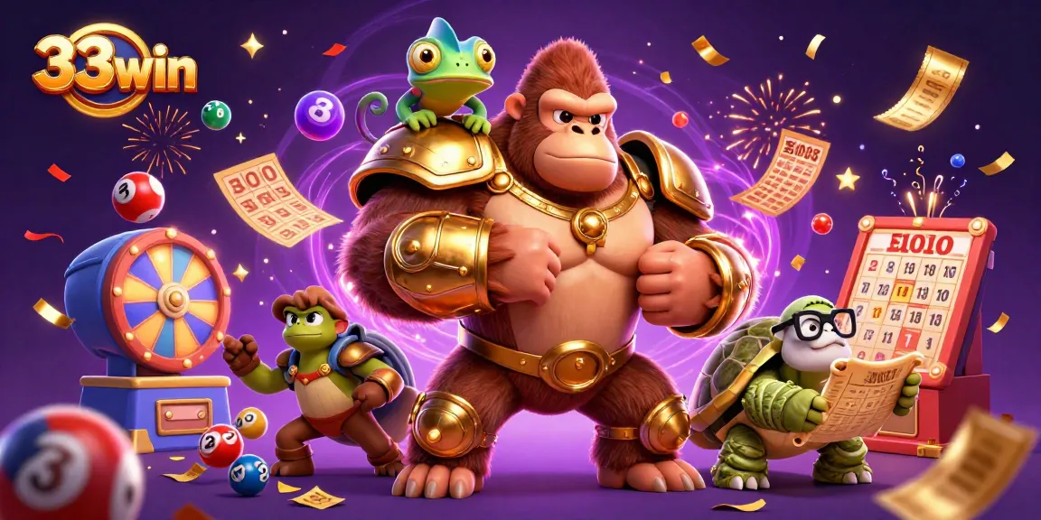Engage with 33win through an exciting lottery scene, featuring vibrant prizes and dynamic characters.