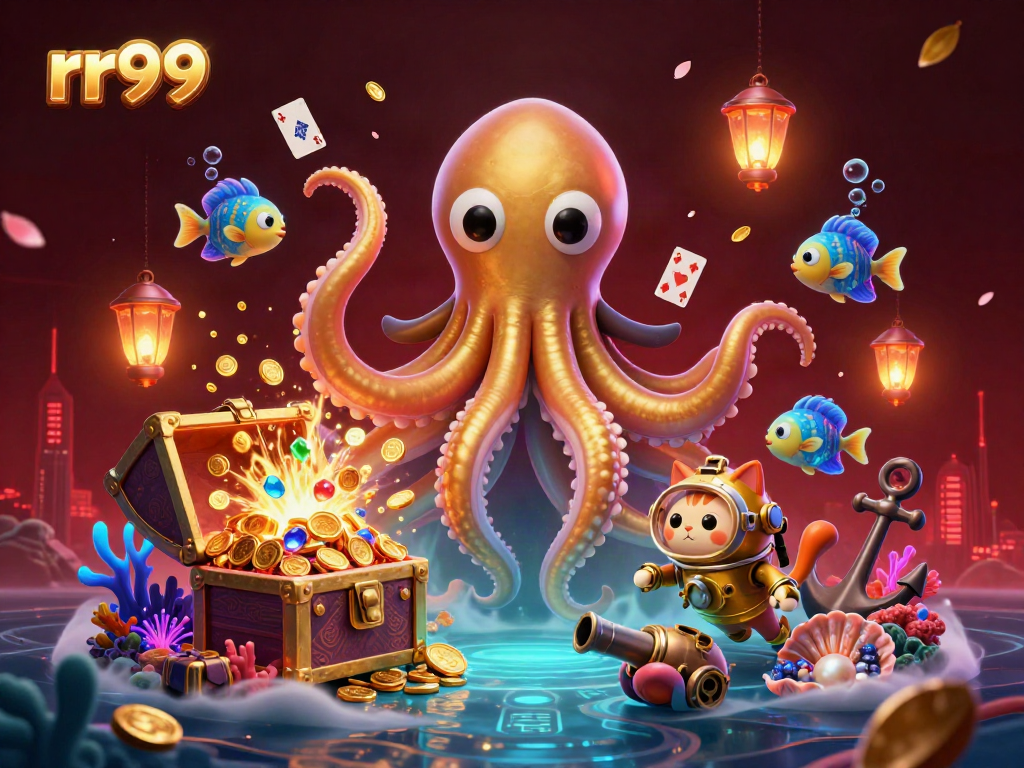 Experience the thrill of rr99 with a kraken and diving cat in a treasure-filled underwater world.